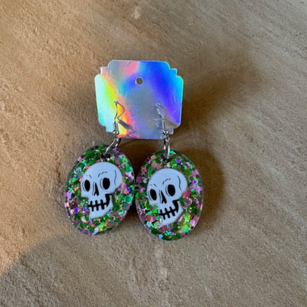 New Handmade Skull Halloween Glitter Lucite Lightweight Bold Statement Earrings